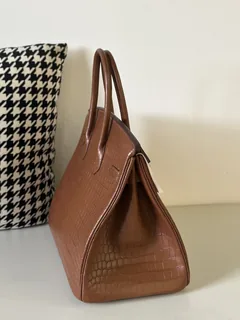 Crocodile Leather Saddle Brown 35cm Matte Gold Hardware Top Handle Tote Bag WCB043 image 5