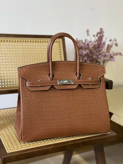 Crocodile Leather Saddle Brown 35cm Matte Silver Hardware Top Handle Tote Bag WCB044 image 1