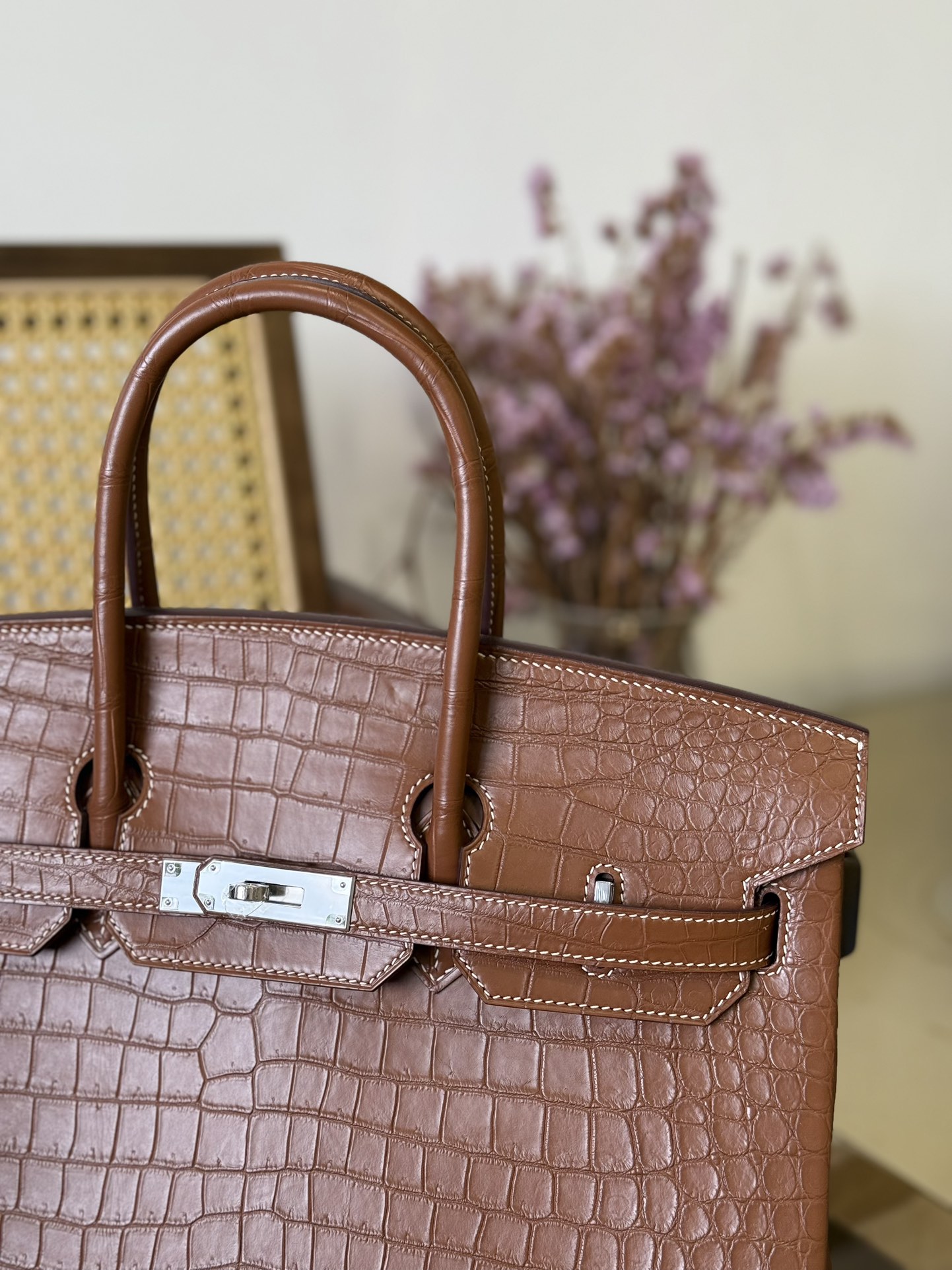 Crocodile Leather Saddle Brown 35cm Matte Silver Hardware Top Handle Tote Bag WCB044 photo 2