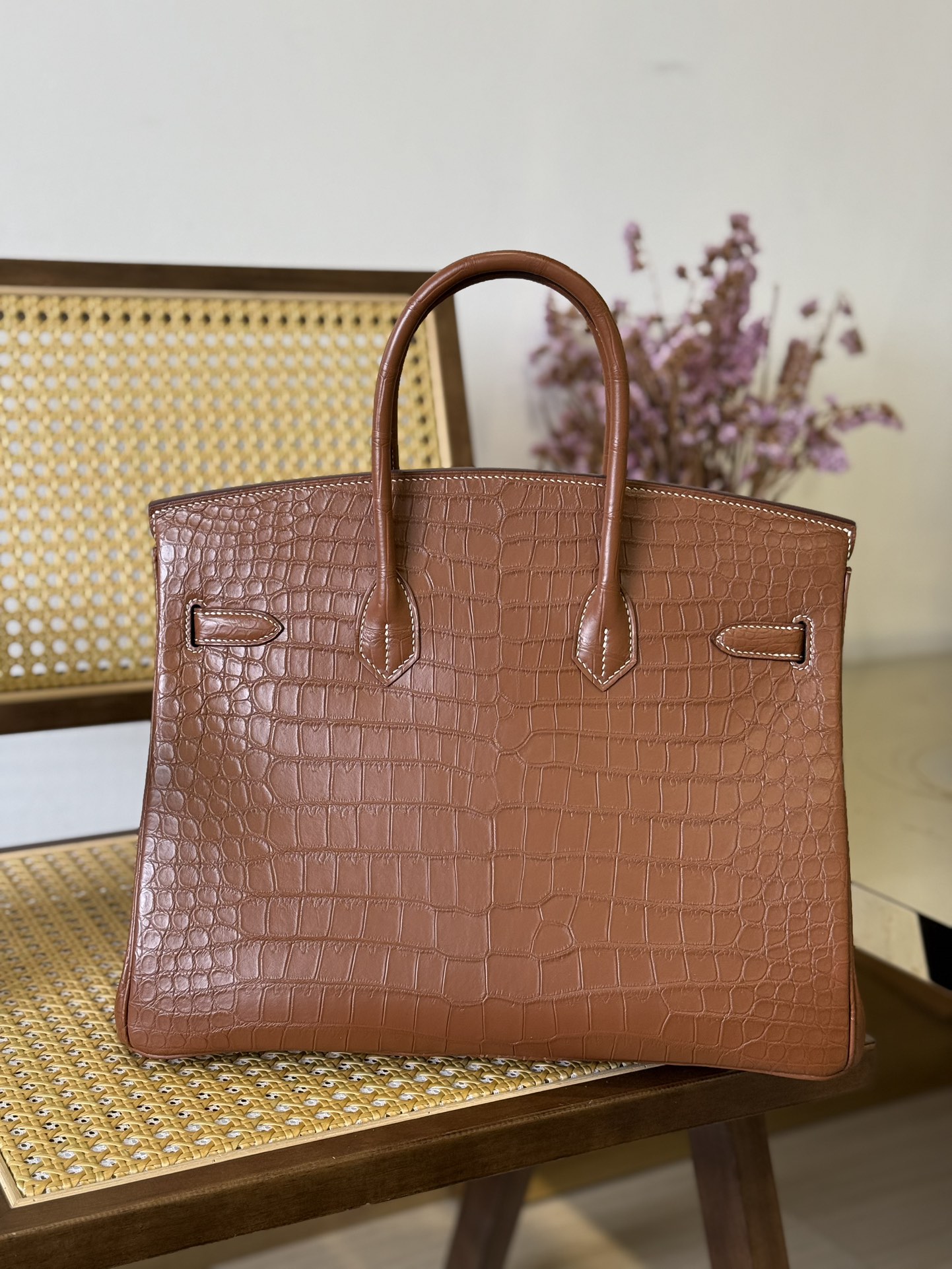 Crocodile Leather Saddle Brown 35cm Matte Silver Hardware Top Handle Tote Bag WCB044 photo 3