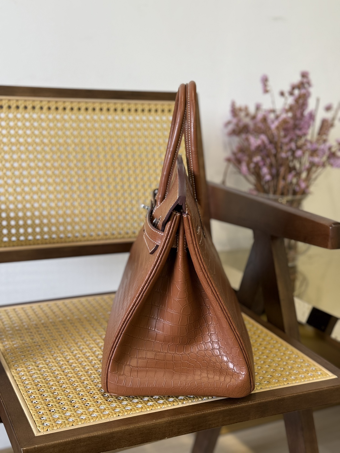 Crocodile Leather Saddle Brown 35cm Matte Silver Hardware Top Handle Tote Bag WCB044 photo 4