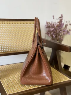Crocodile Leather Saddle Brown 35cm Matte Silver Hardware Top Handle Tote Bag WCB044 image 5
