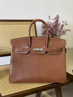 Crocodile Leather Saddle Brown 35cm Matte Silver Hardware Top Handle Tote Bag WCB044 image 7
