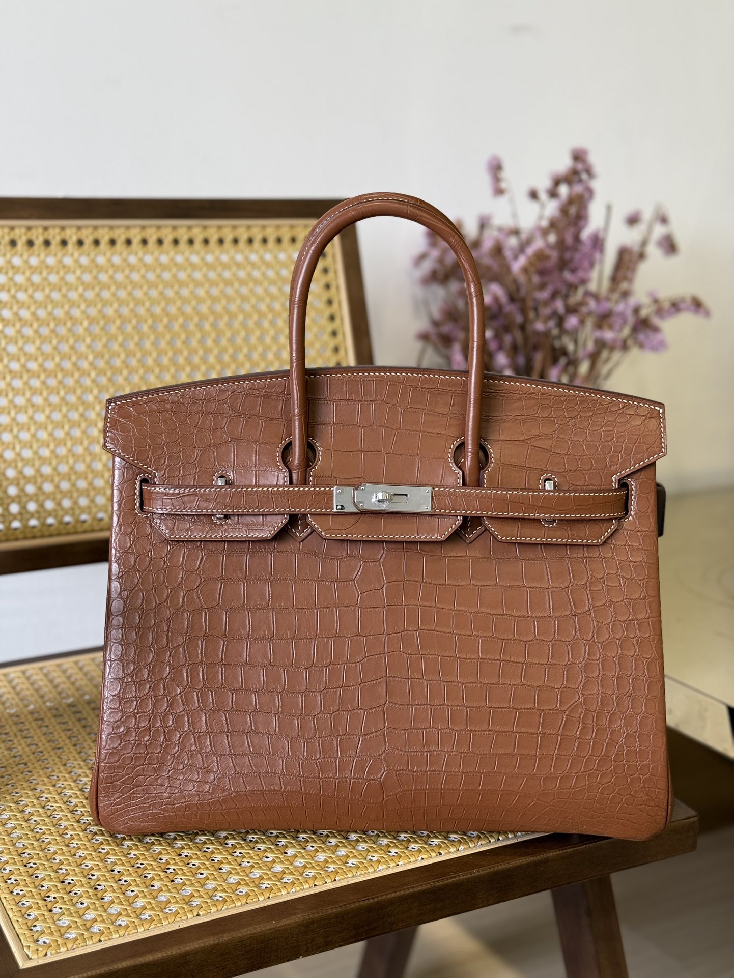 Crocodile Leather Saddle Brown 35cm Matte Silver Hardware Top Handle Tote Bag WCB044 photo 7