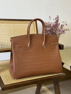 Crocodile Leather Saddle Brown 35cm Matte Silver Hardware Top Handle Tote Bag WCB044 image 8
