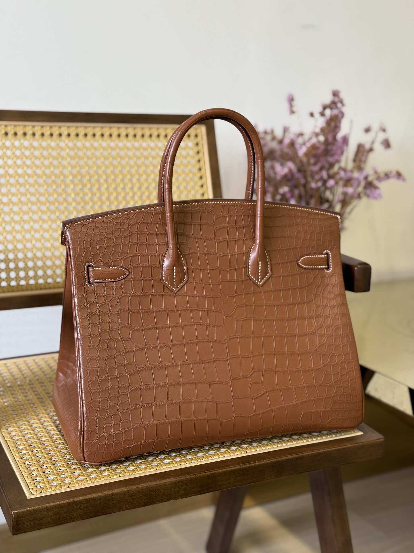Crocodile Leather Saddle Brown 35cm Matte Silver Hardware Top Handle Tote Bag WCB044 photo 8