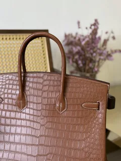 Crocodile Leather Saddle Brown 35cm Matte Silver Hardware Top Handle Tote Bag WCB044 image 9