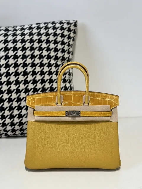 Crocodile Leather Amber Yellow 25cm Glossy Silver Hardware Top Handle Tote Bag WCB045