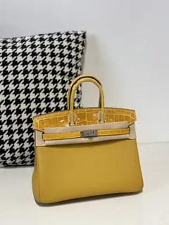 Crocodile Leather Amber Yellow 25cm Glossy Silver Hardware Top Handle Tote Bag WCB045 image 2