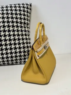 Crocodile Leather Amber Yellow 25cm Glossy Silver Hardware Top Handle Tote Bag WCB045 image 5