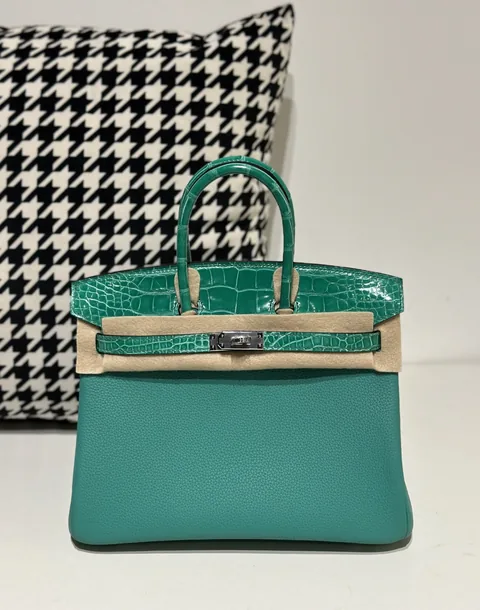 Crocodile Leather Imperial Green 25cm Glossy Silver Hardware Top Handle Tote Bag WCB046