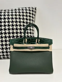 Crocodile Leather Emerald Green 25cm Glossy Silver Hardware Top Handle Tote Bag WCB047 image 1