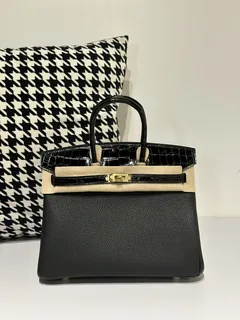 Crocodile Leather Black 25cm Glossy Mixed Leather Gold Hardware Top Handle Tote Bag WCB048 image 1