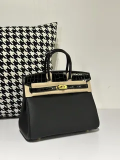 Crocodile Leather Black 25cm Glossy Mixed Leather Gold Hardware Top Handle Tote Bag WCB048 image 2