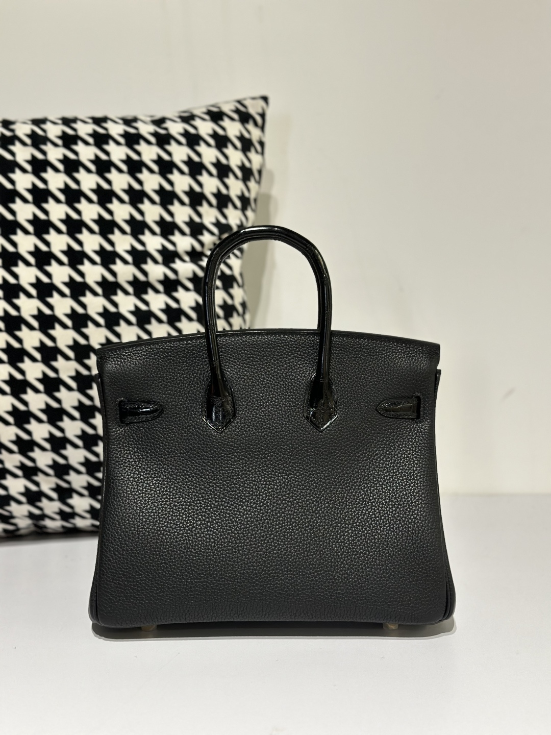 Crocodile Leather Black 25cm Glossy Mixed Leather Gold Hardware Top Handle Tote Bag WCB048 image 3