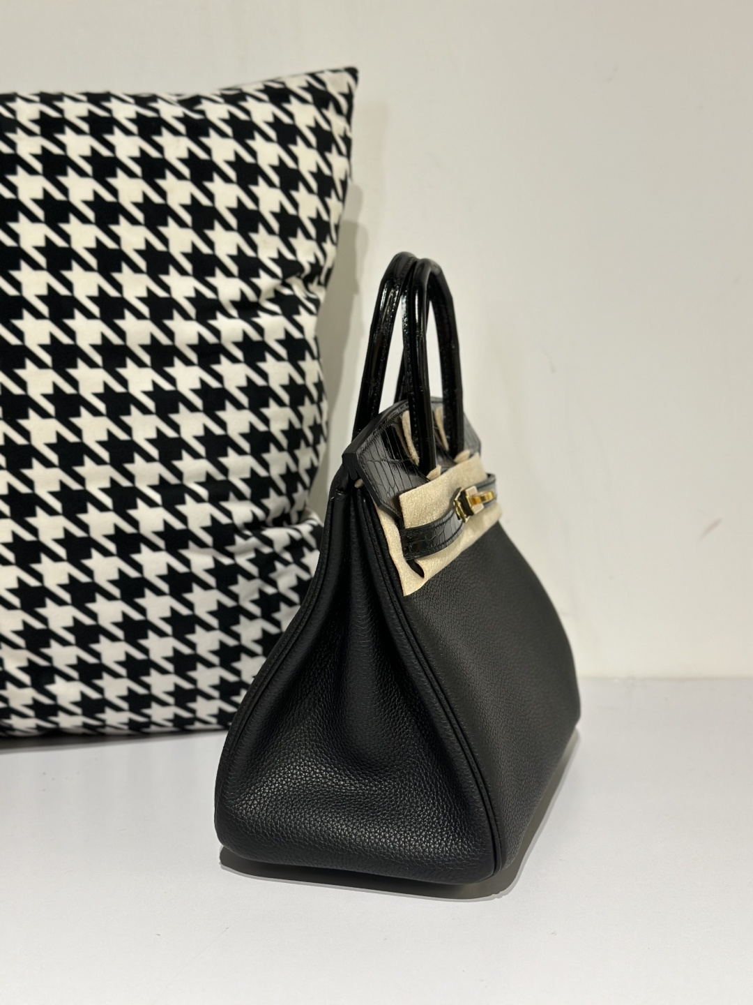 Crocodile Leather Black 25cm Glossy Mixed Leather Gold Hardware Top Handle Tote Bag WCB048 image 5