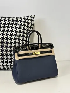 Crocodile Leather Royal Blue 25cm Glossy Mixed Leather Gold Hardware Top Handle Tote Bag WCB049 image 2