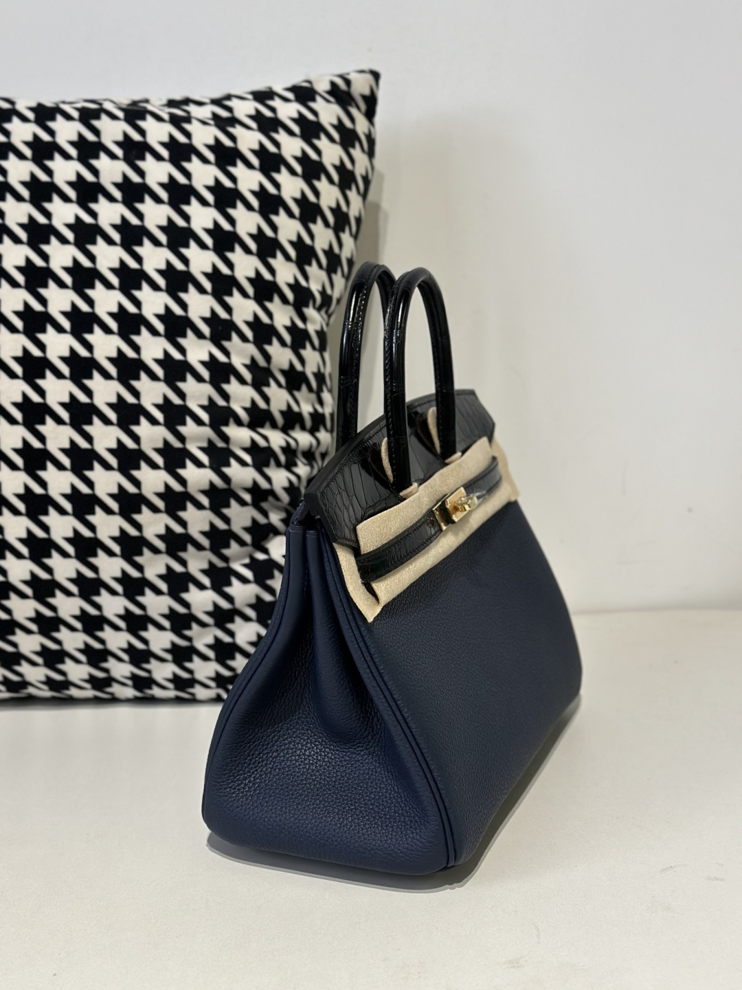 Crocodile Leather Royal Blue 25cm Glossy Mixed Leather Gold Hardware Top Handle Tote Bag WCB049 photo 5