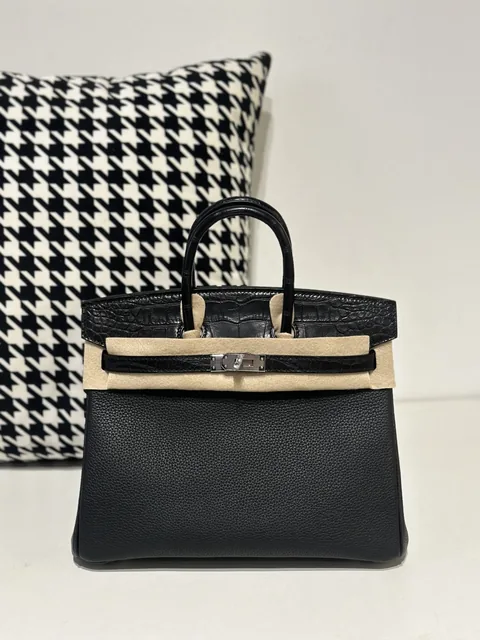 Crocodile Leather Black 25cm Matte Mixed Leather Silver Hardware Top Handle Tote Bag WCB051