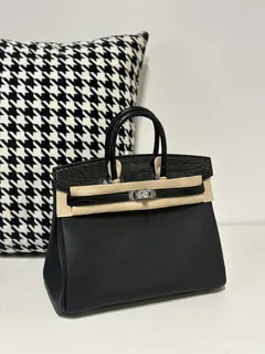 Crocodile Leather Black 25cm Matte Mixed Leather Silver Hardware Top Handle Tote Bag WCB051 image 2