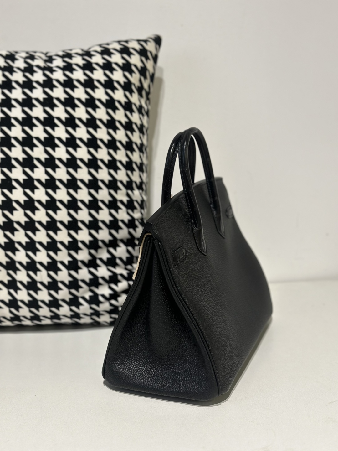 Crocodile Leather Black 25cm Matte Mixed Leather Silver Hardware Top Handle Tote Bag WCB051 photo 4