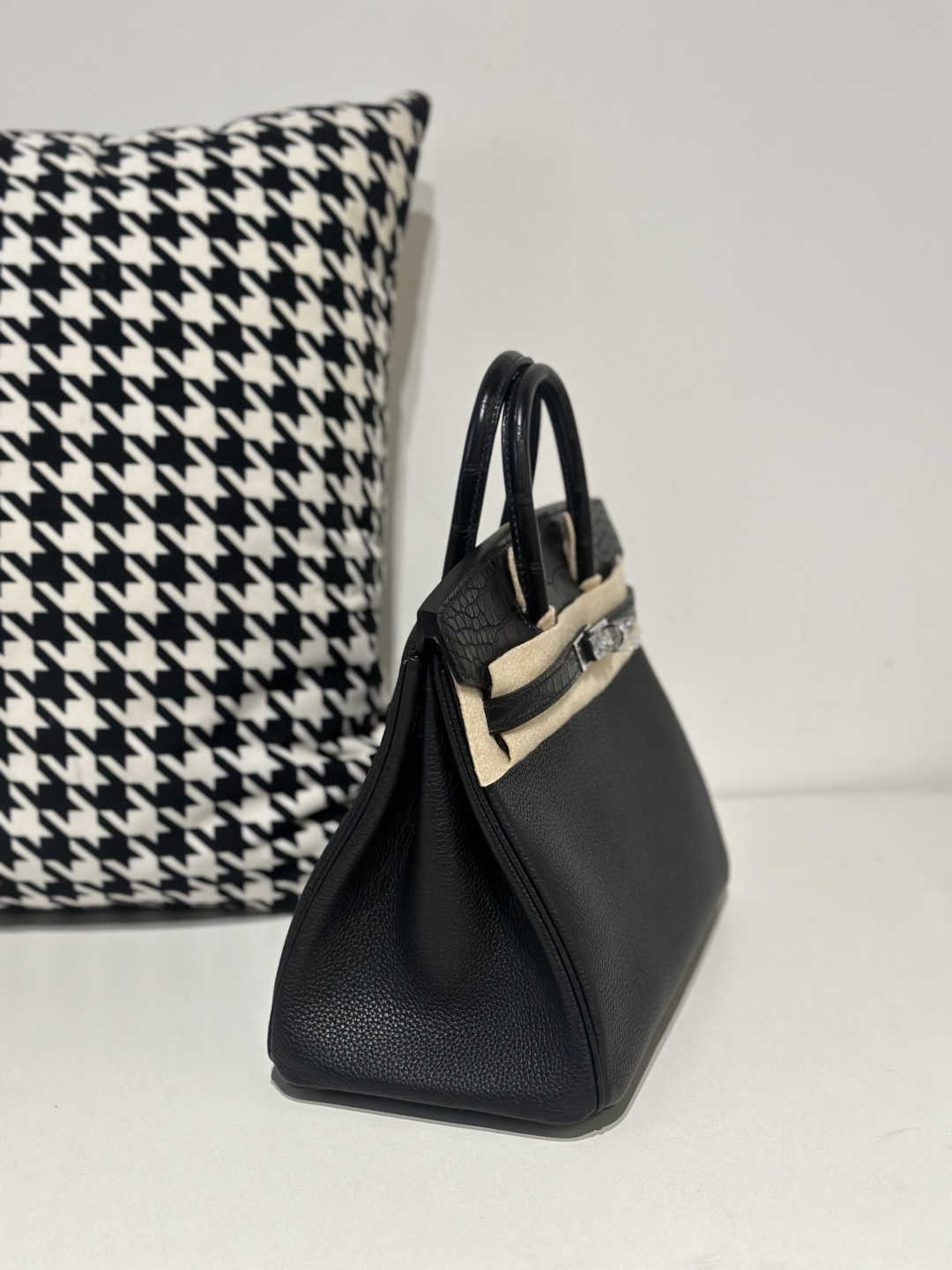 Crocodile Leather Black 25cm Matte Mixed Leather Silver Hardware Top Handle Tote Bag WCB051 photo 5