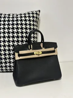 Crocodile Leather Black 25cm Matte Mixed Leather Gold Hardware Top Handle Tote Bag WCB052 image 2