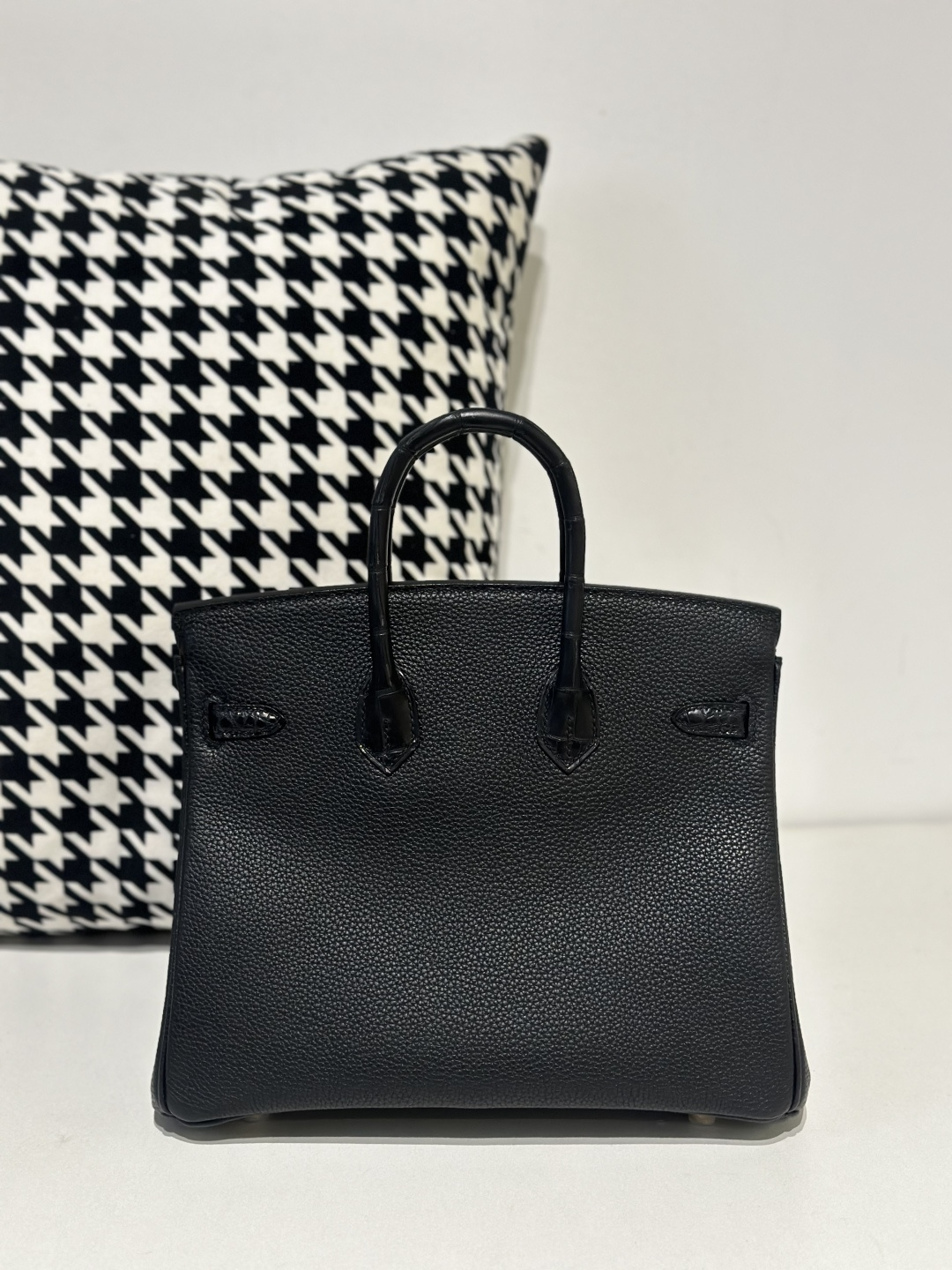 Crocodile Leather Black 25cm Matte Mixed Leather Gold Hardware Top Handle Tote Bag WCB052 image 3