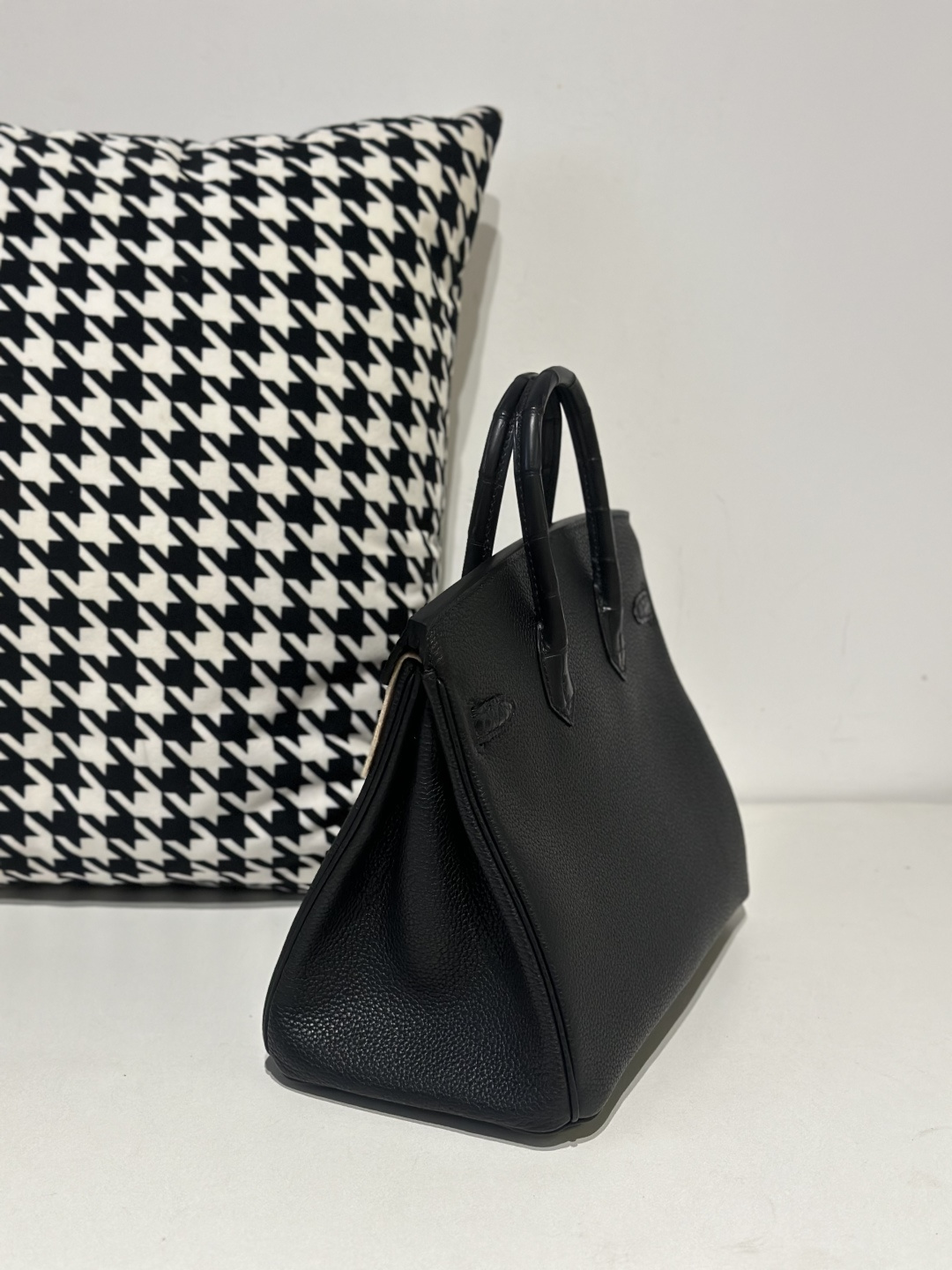 Crocodile Leather Black 25cm Matte Mixed Leather Gold Hardware Top Handle Tote Bag WCB052 image 4