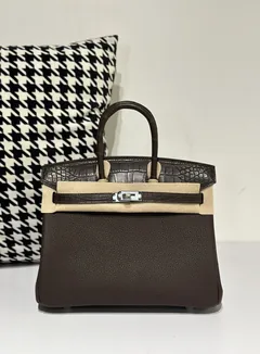Crocodile Leather Ebony 25cm Matte Mixed Leather Silver Hardware Top Handle Tote Bag WCB056 image 1