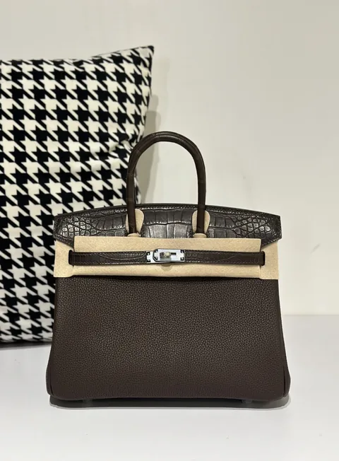 Crocodile Leather Ebony 25cm Matte Mixed Leather Silver Hardware Top Handle Tote Bag WCB056
