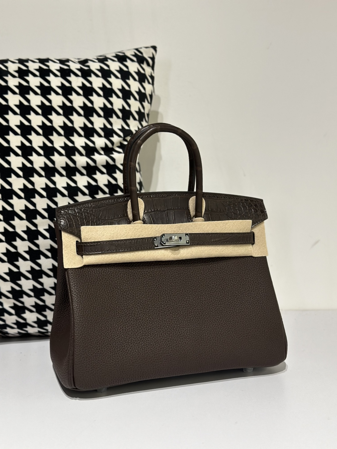 Crocodile Leather Ebony 25cm Matte Mixed Leather Silver Hardware Top Handle Tote Bag WCB056 photo 2