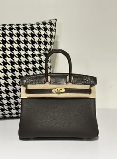 Crocodile Leather Ebony 25cm Matte Mixed Leather Gold Hardware Top Handle Tote Bag WCB057 image 1