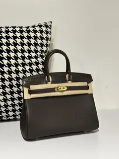 Crocodile Leather Ebony 25cm Matte Mixed Leather Gold Hardware Top Handle Tote Bag WCB057 image 2