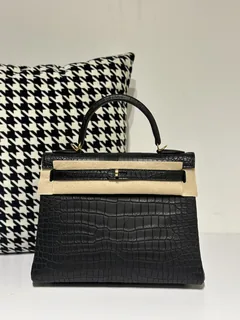 Crocodile Leather Inside Stitch Black 28cm Matte Gold Hardware Top Handle Bag WCB059 image 1