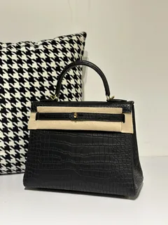 Crocodile Leather Inside Stitch Black 28cm Matte Gold Hardware Top Handle Bag WCB059 image 2