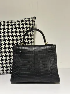 Crocodile Leather Inside Stitch Black 28cm Matte Gold Hardware Top Handle Bag WCB059 image 3