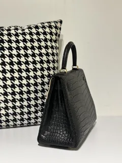 Crocodile Leather Inside Stitch Black 28cm Matte Gold Hardware Top Handle Bag WCB059 image 4