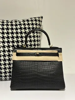 Crocodile Leather Inside Stitch Black 28cm Matte Gold Hardware Top Handle Bag WCB060 image 1