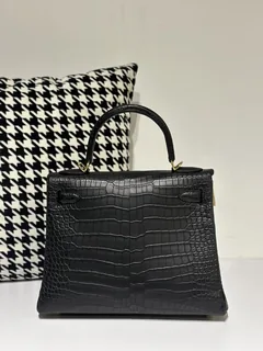 Crocodile Leather Inside Stitch Black 28cm Matte Gold Hardware Top Handle Bag WCB060 image 3