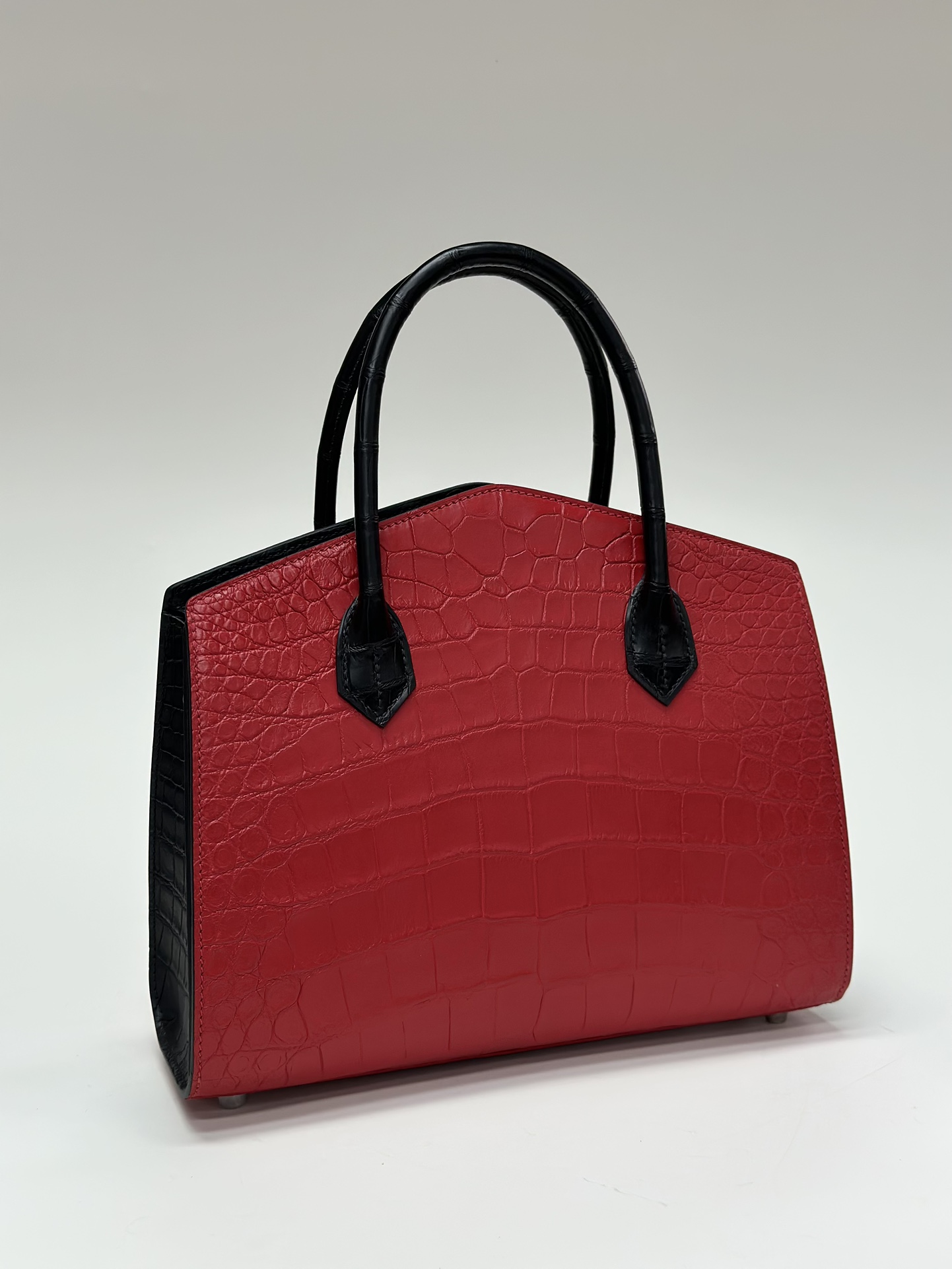 Crocodile Leather Women's Belly Cut Black Red Matte Mixed Leather Top Handle Bag WCB069 image 2