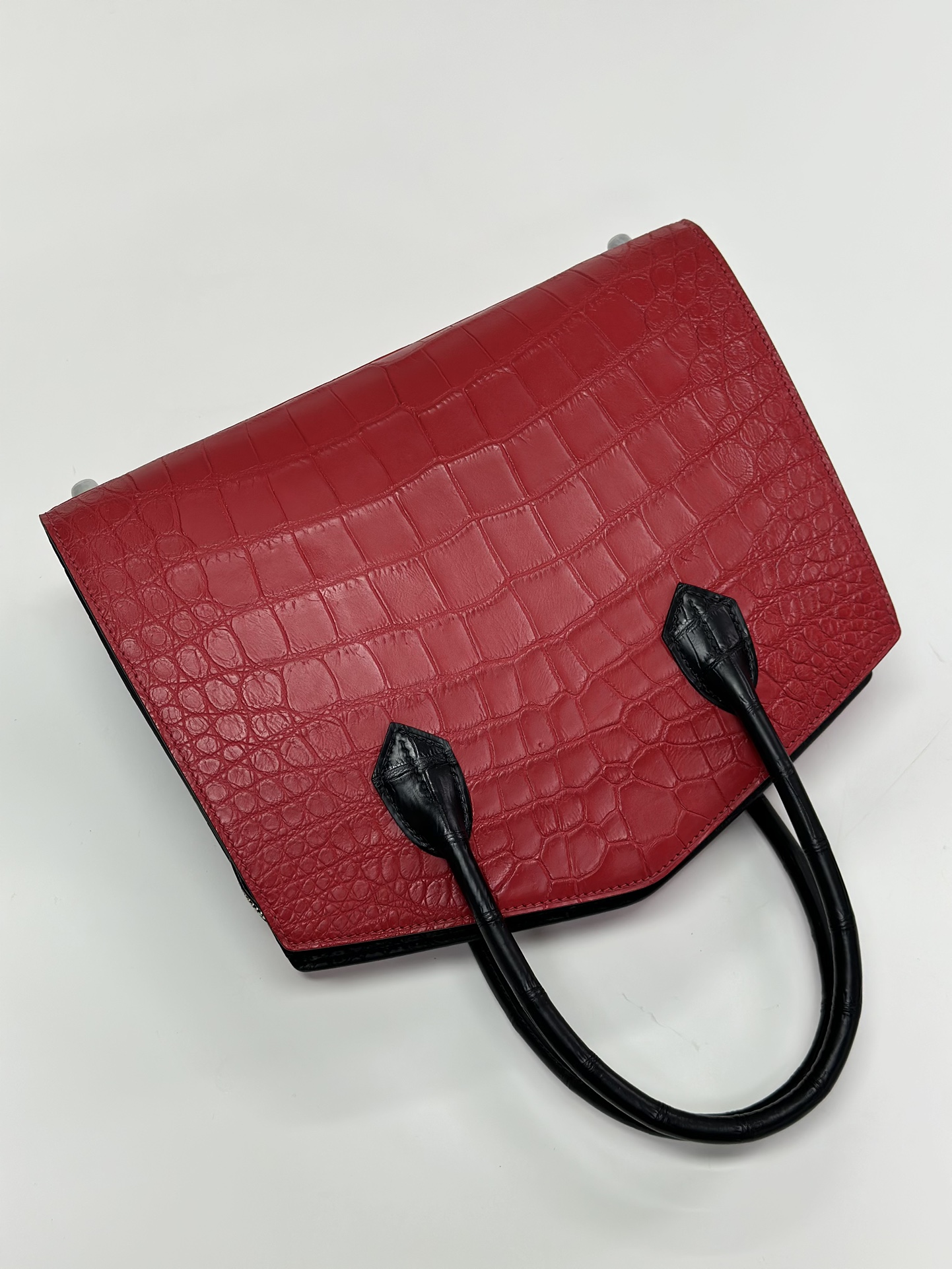 Crocodile Leather Women's Belly Cut Black Red Matte Mixed Leather Top Handle Bag WCB069 image 3