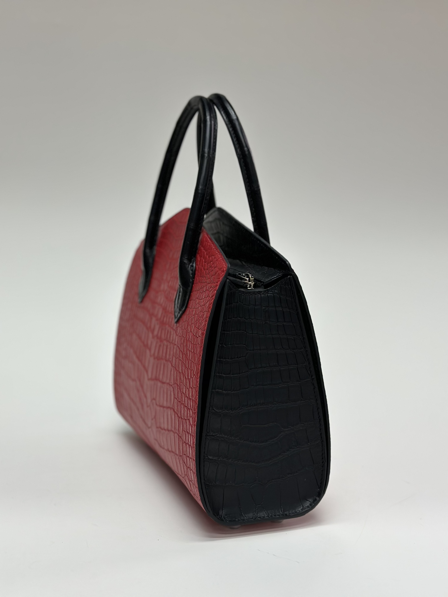Crocodile Leather Women's Belly Cut Black Red Matte Mixed Leather Top Handle Bag WCB069 image 4