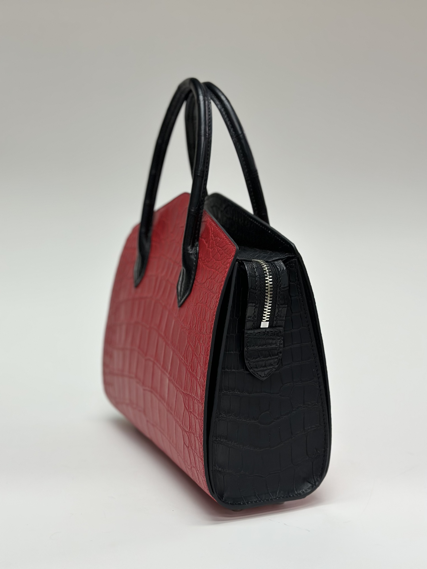 Crocodile Leather Women's Belly Cut Black Red Matte Mixed Leather Top Handle Bag WCB069 image 5