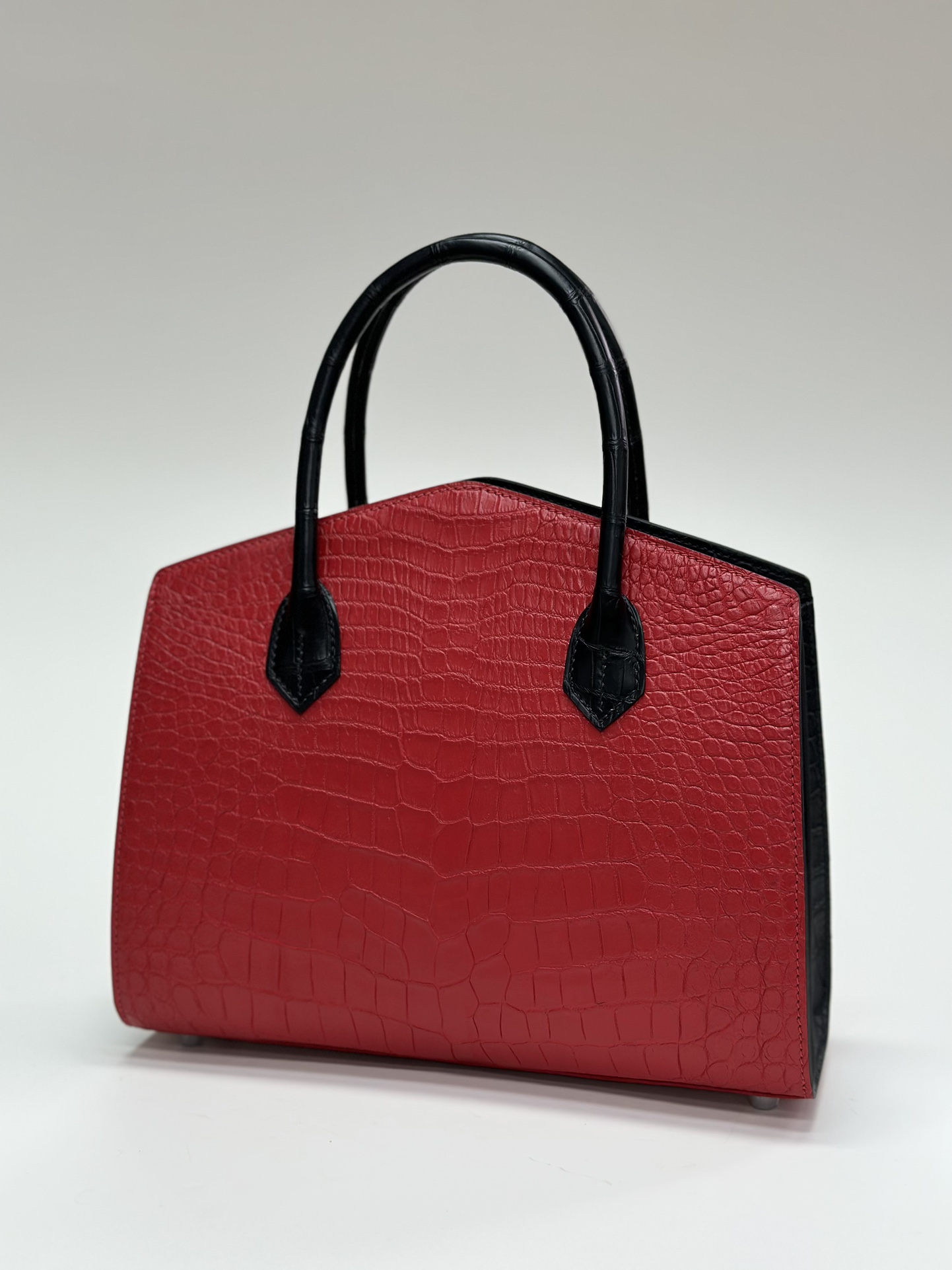 Crocodile Leather Women's Belly Cut Black Red Matte Mixed Leather Top Handle Bag WCB069 image 8