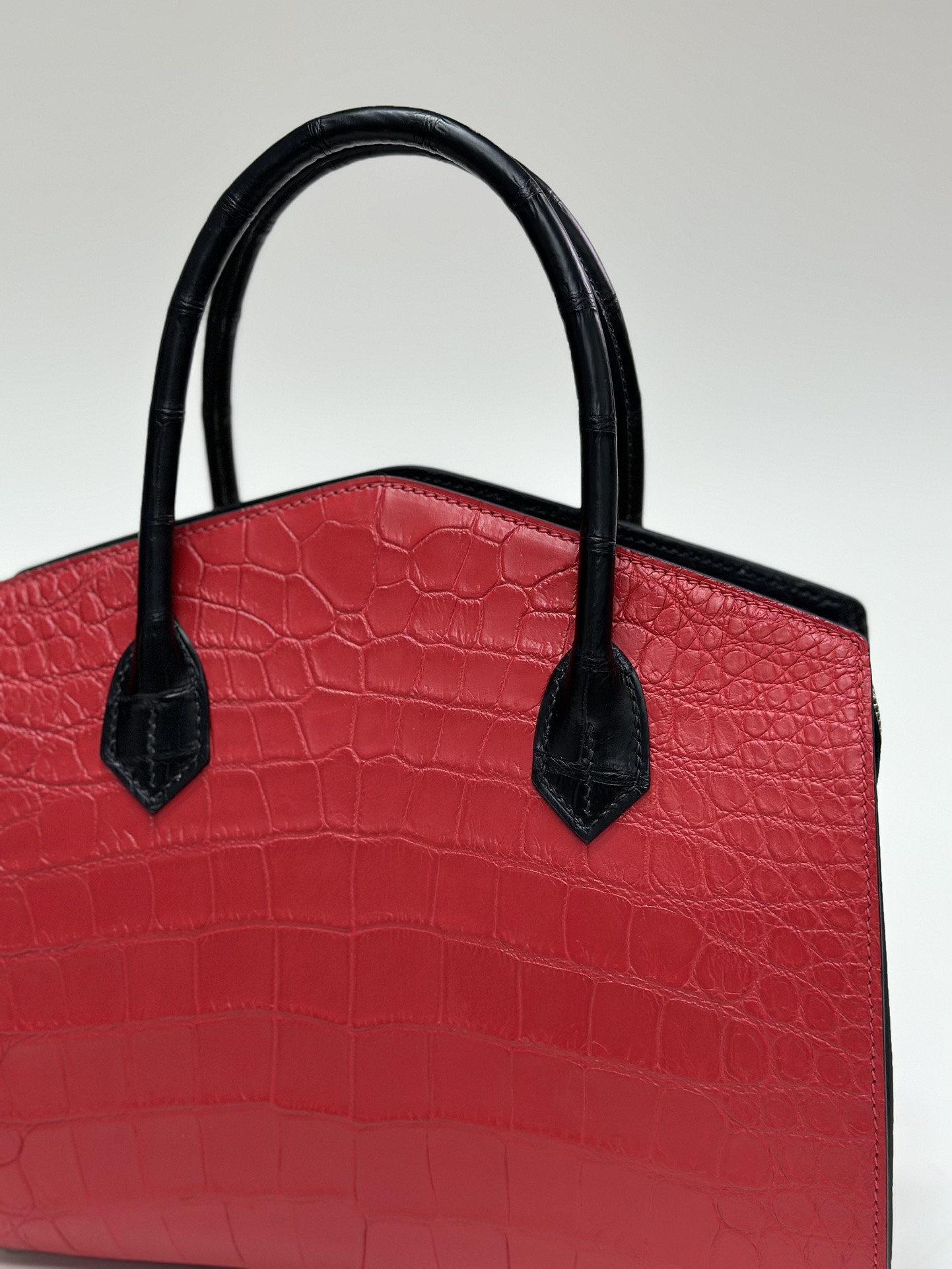 Crocodile Leather Women's Belly Cut Black Red Matte Mixed Leather Top Handle Bag WCB069 image 9