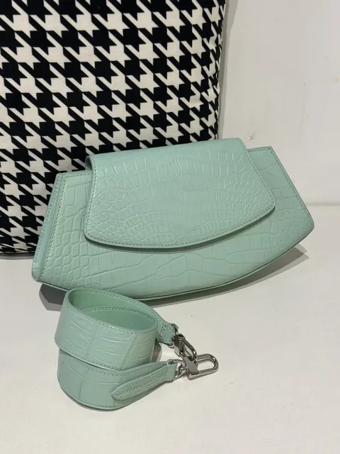 Crocodile Leather Women's Belly Cut Mint Green Silver Hardware Metal Hardware Clutch Bag WCB074