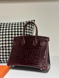 Crocodile Leather 30cm Glossy Burgundy Silver Hardware Top Handle Tote Bag WCB078 image 3