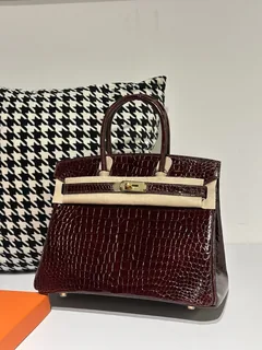 Crocodile Leather 30cm Glossy Burgundy Gold Hardware Top Handle Tote Bag WCB079 image 1