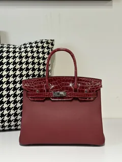 Crocodile Leather 30cm Glossy Burgundy Mixed Leather Silver Hardware Top Handle Tote Bag WCB082 image 1